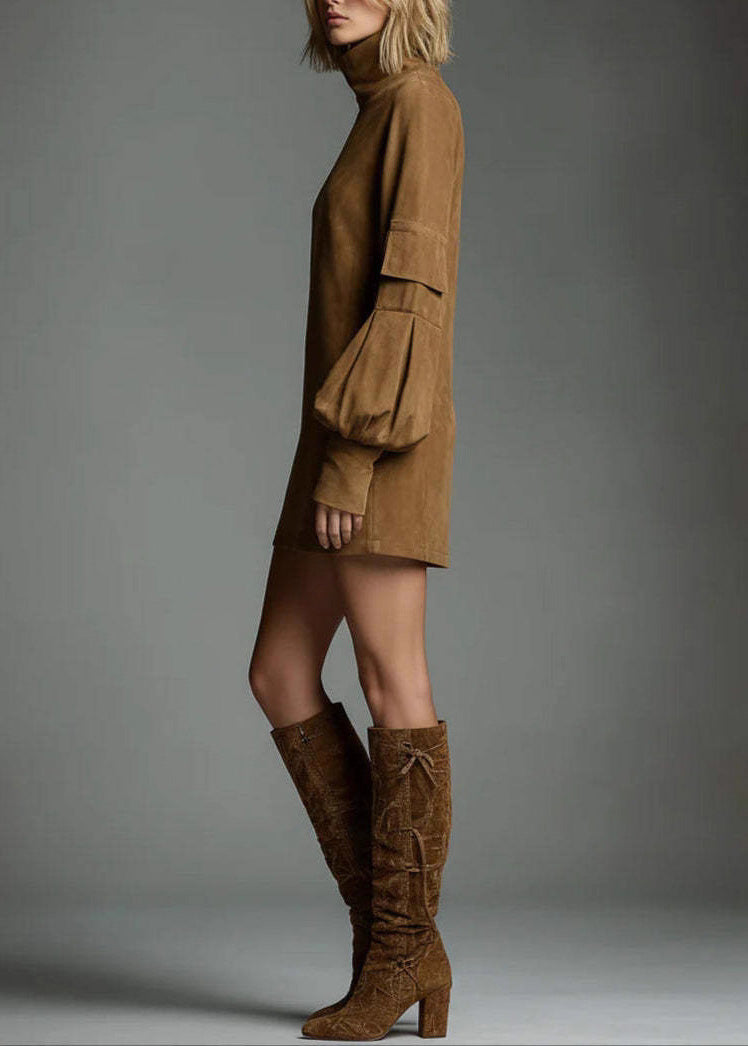 Fine Caramel Hign Neck Patchwork Faux Suede Mini Dress Fall
