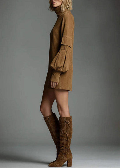 Fine Caramel Hign Neck Patchwork Faux Suede Mini Dress Fall