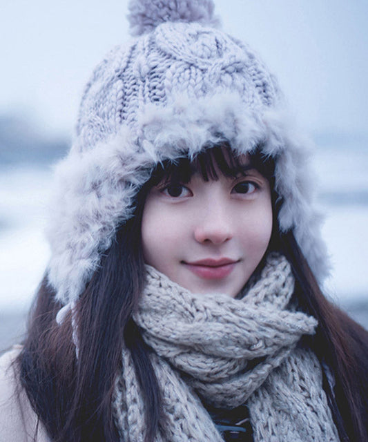 Winter Grey Warm Fuzzy Ball Rabbit Fur Knitted Hat