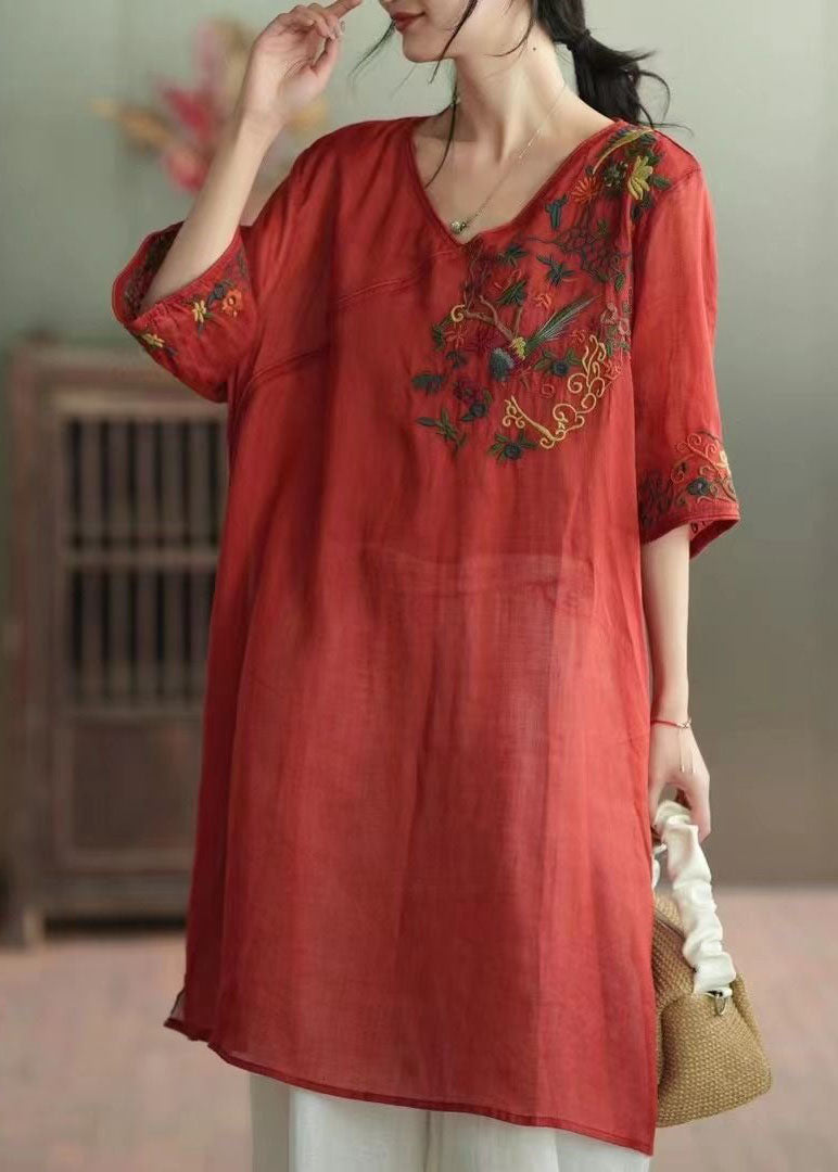 Retro Red V Neck Embroidered Patchwork Linen Mid Dress Summer
