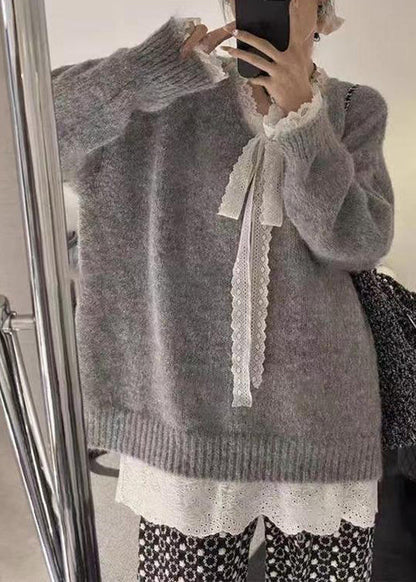 Grey Cozy Lace Patchwork Knit Sweater Winter