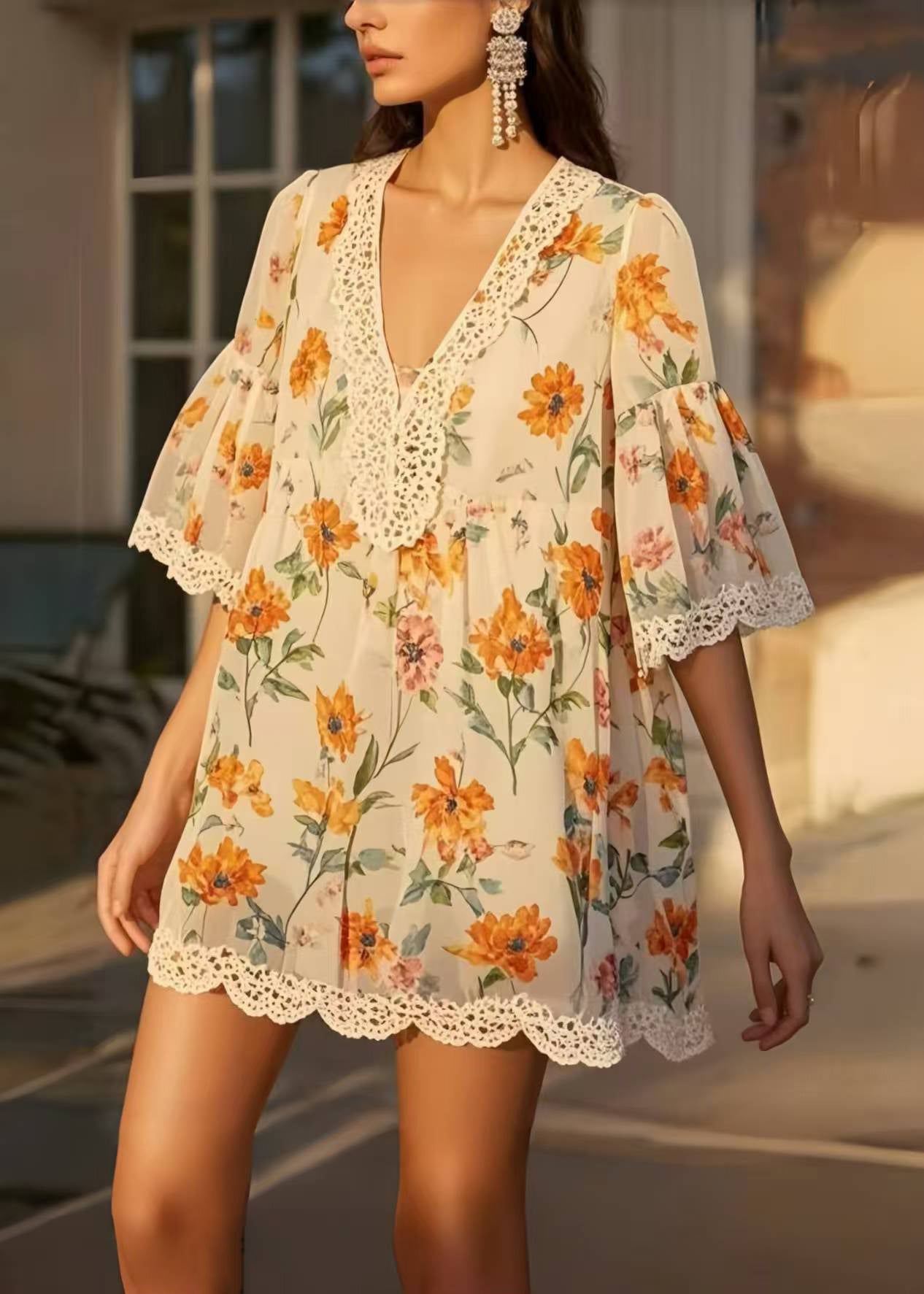 Beige Print Patchwork Lace Chiffon Day Dress Summer