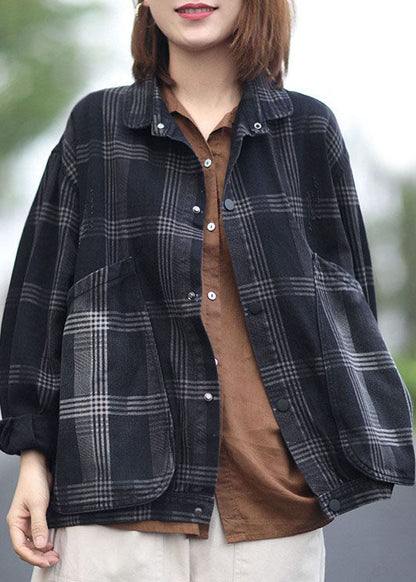Diy Black Peter Pan Collar Pockets Plaid Denim Coats Spring