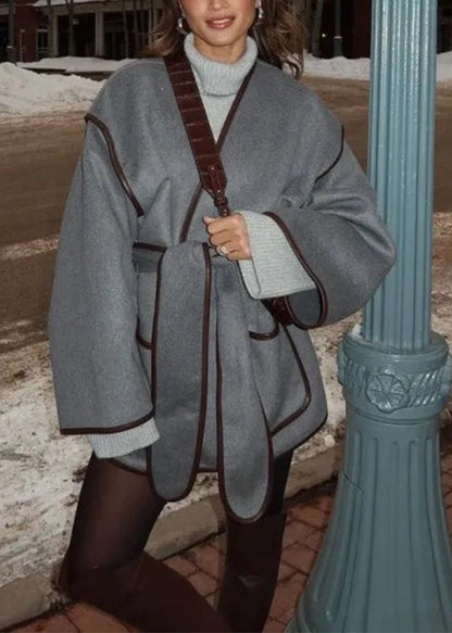 Grey Pockets Tie Waist Woolen Jacket Fall