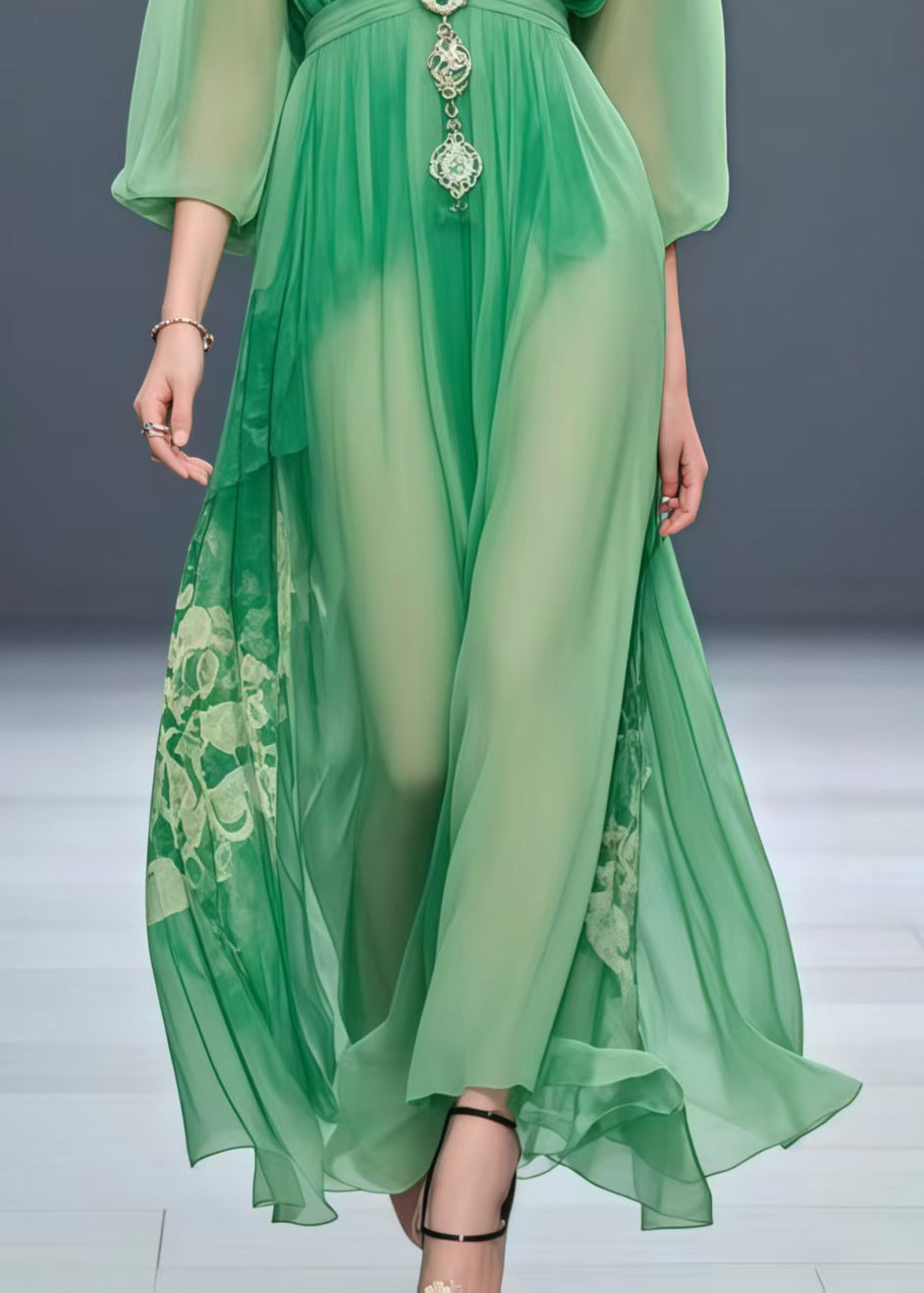 Grass Green Cinched Print Chiffon Robe Dresses Spring