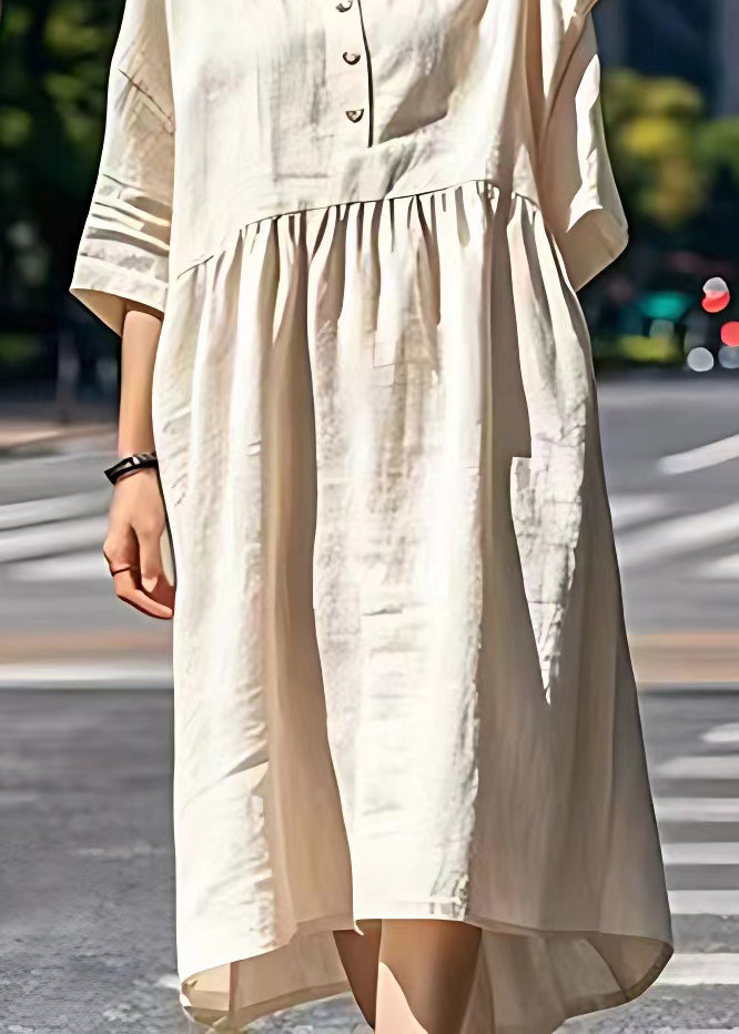 Beige V Neck Wrinkled Patchwork Linen Dresses Summer