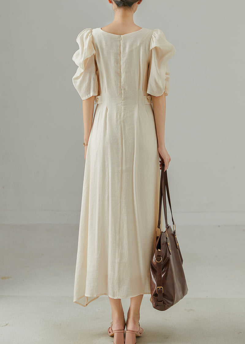 Beige Square Collar Cotton Cinched Dress Puff Sleeve