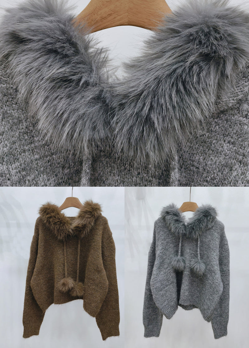 Classy Grey Fuzzy Ball Decorated Thick Hooded Cotton Knit Sweaters Winter