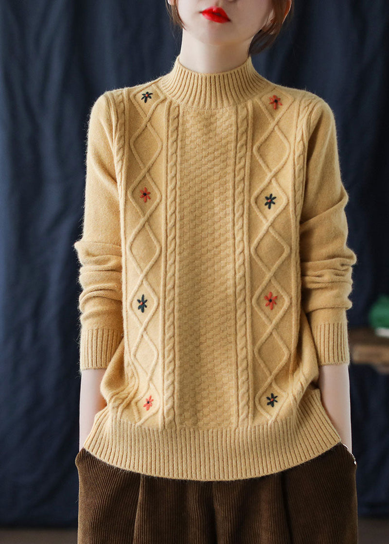 Loose Yellow Embroidered Knit Sweaters Winter