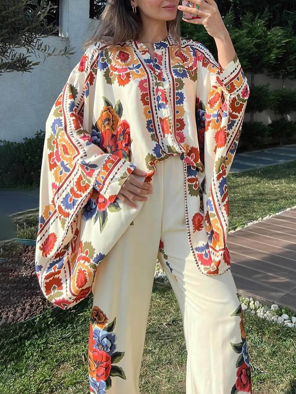 Fun Unique Printed Button Up Oversized Blouse