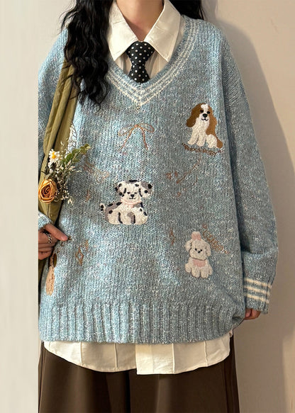 Blue V Neck Little Dog Bow Knit Sweater Spring