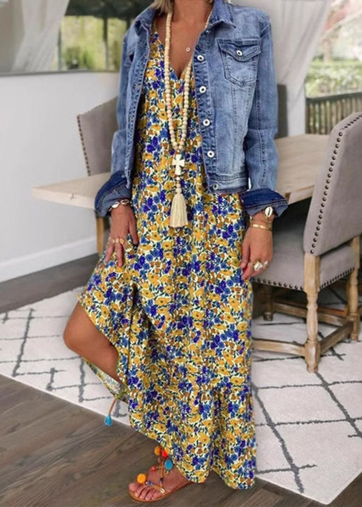 Blue V Neck Print Cotton Spaghetti Strap Dress Summer