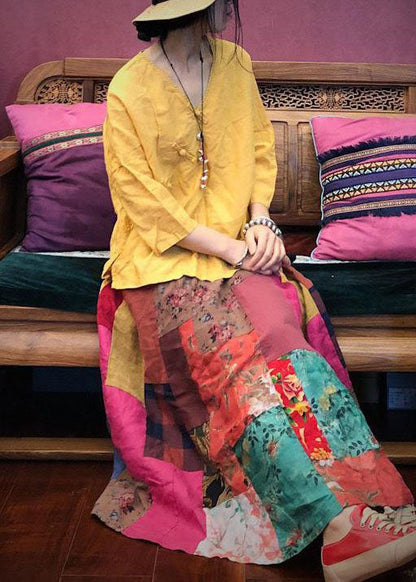 Art Colorblock Wrinkled Print Patchwork Exra Large Hem Linen Skirts Summer