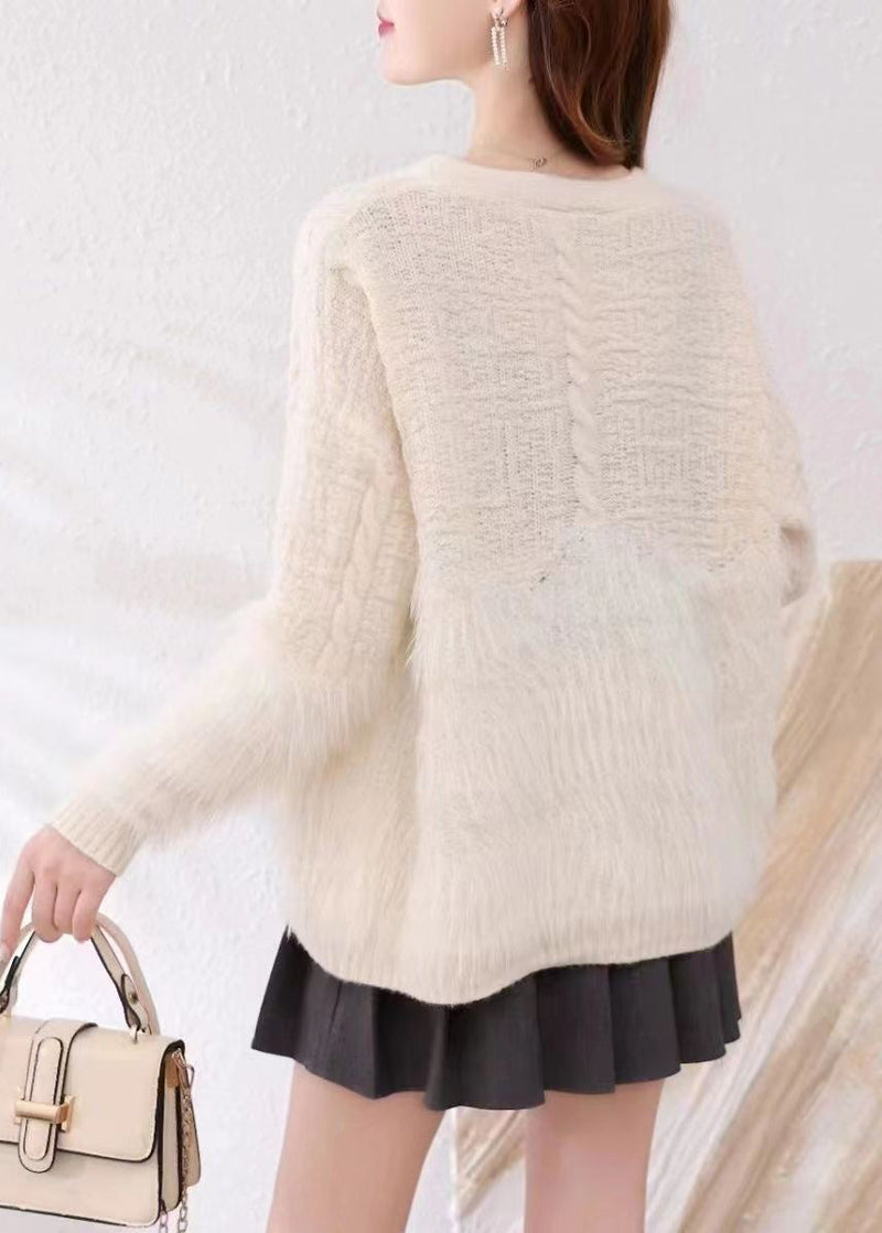 Khaki V Neck Patchwork Mink Hair Knitted Cardigan Fall