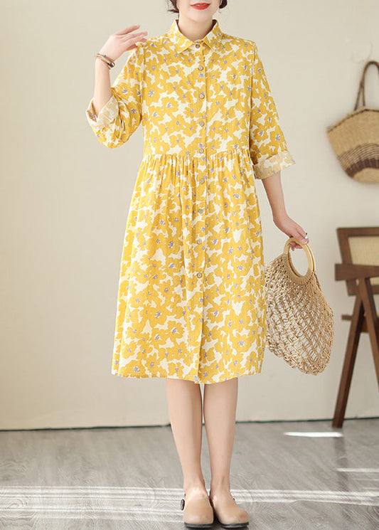Yellow Peter Pan Collar Print Cotton Shirts Dresses Fall