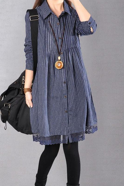 Limited Stock- Loose Cotton Linen Printing Lace Hem Dress