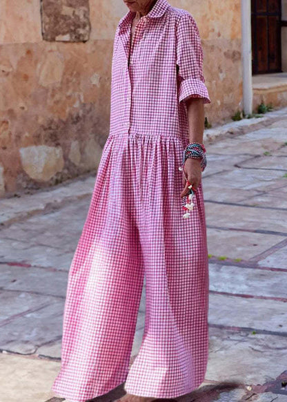 Blue Peter Pan Collar Plaid Button Cotton Jumpsuit Fall