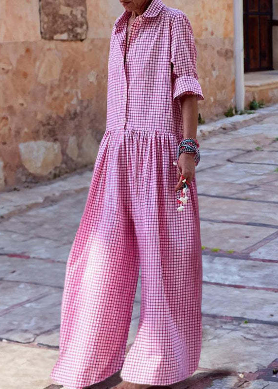 Blue Peter Pan Collar Plaid Button Cotton Jumpsuit Fall
