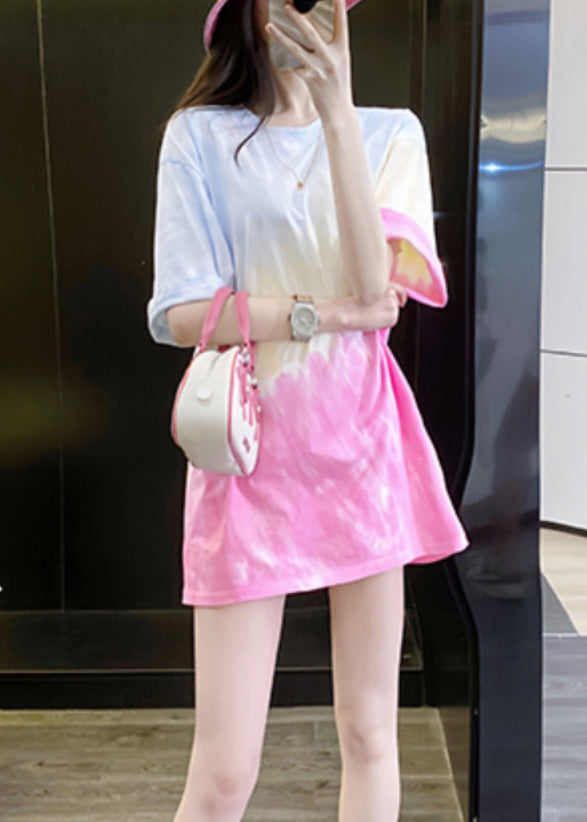 Gradient Color O Neck Tie Dye Cotton T Shirts Summer