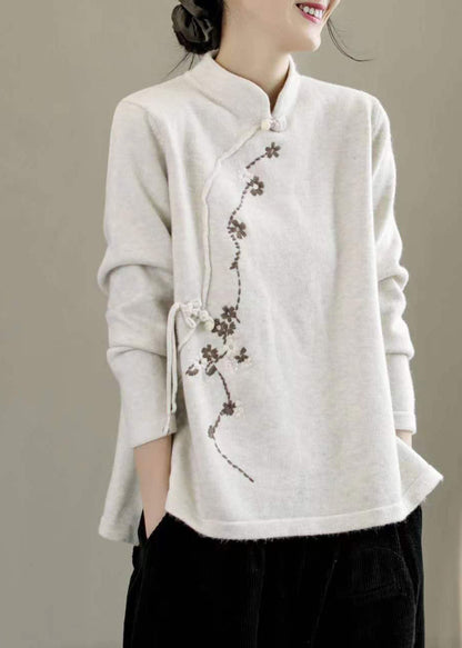 Beige Stand Collar Embroidered Chinese Style Knit Tops Spring