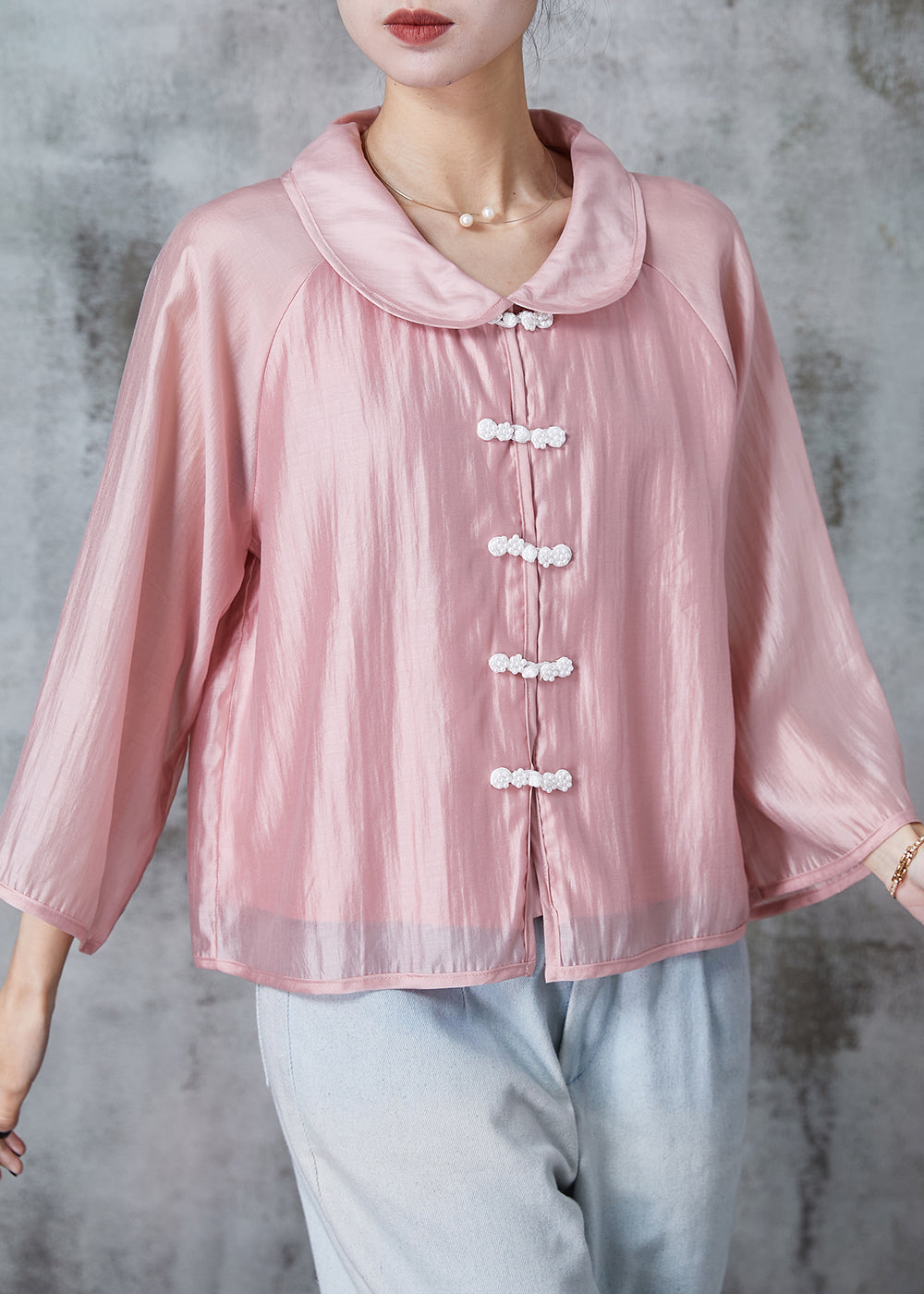 Pink Peter Pan Collar Chinese Button Silk Shirts Summer