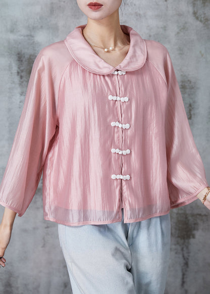 Pink Peter Pan Collar Chinese Button Silk Shirts Summer