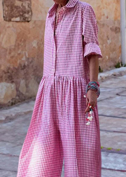 Blue Peter Pan Collar Plaid Button Cotton Jumpsuit Fall