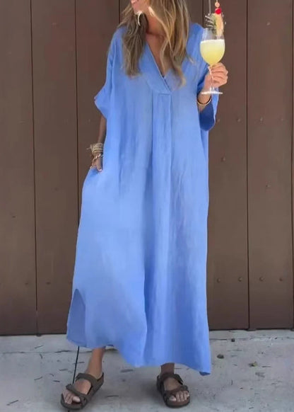 Blue V Neck Pockets Cotton Dresses Summer
