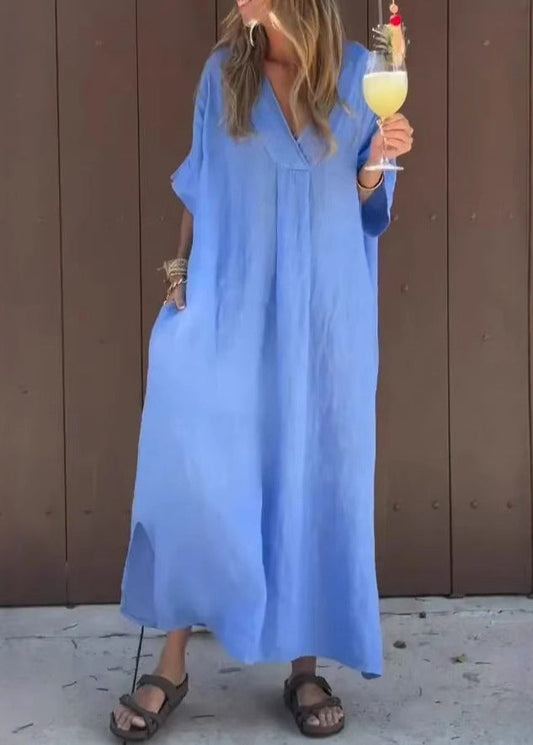 Blue V Neck Pockets Cotton Dresses Summer