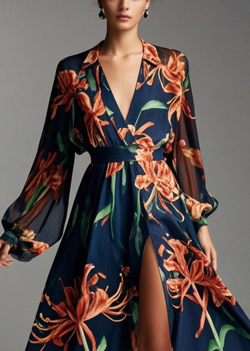 Navy V Neck Print Chiffon Beach Dresses Fall