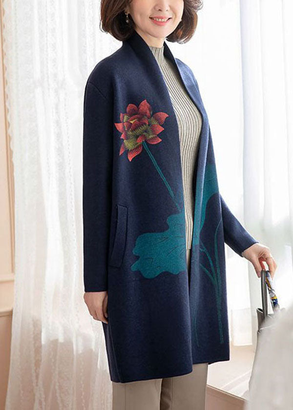 Modern Navy Pockets Print Woolen Cardigans Long Sleeve