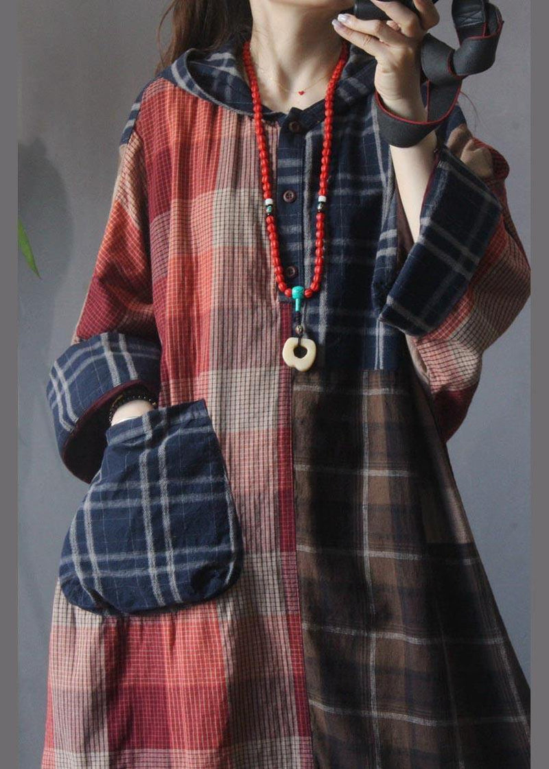 Plaid Patchwork Hooded Cotton Linen Holiday Dress Summer