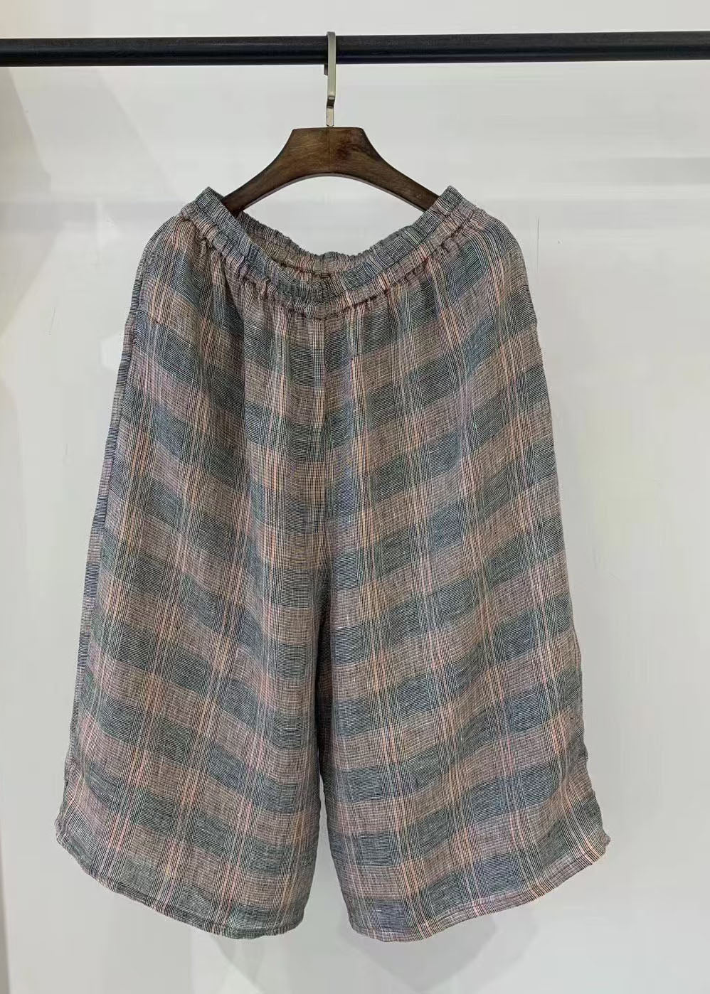 Khaki Oversized Plaid Linen Harem Pants Summer