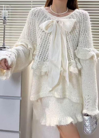 White Hollow Out Knit Two Pieces Set Bow Fall