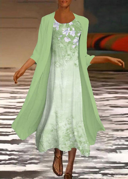 New White Print Chiffon Cardigans Dresses Two Pieces Set Summer