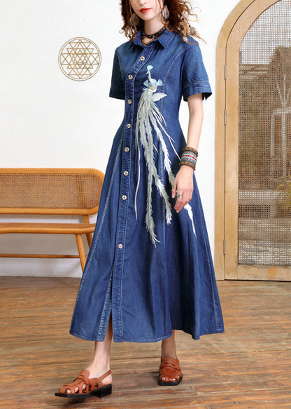 Blue Peter Pan Collar Patchwork Button Long Denim Dress Short Sleeve