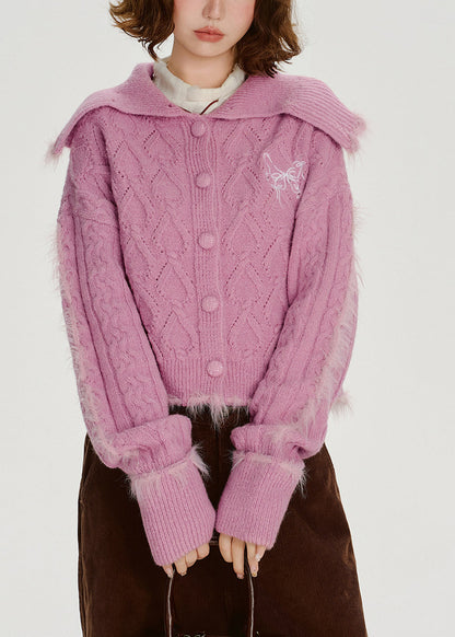 Rose Sailor Collar Patchwork Faux Fur Knit Cardigan Winter