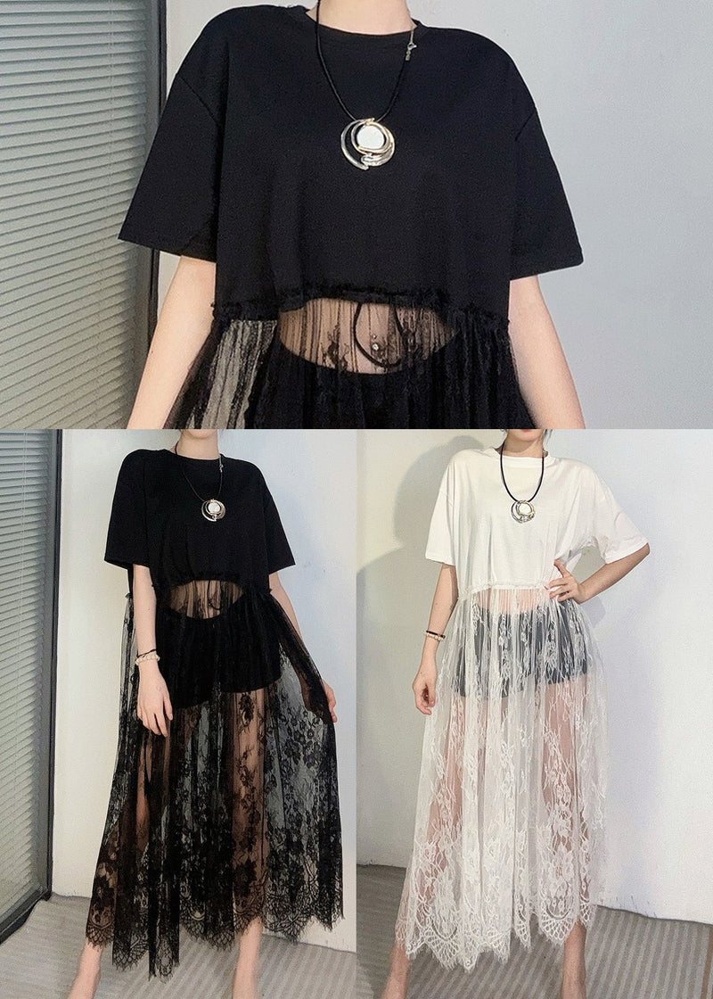Black Oversized Patchwork Lace Robe Dresses Summer