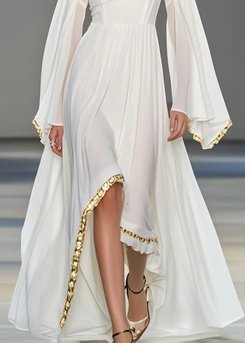 White Exra Large Hem Chiffon Robe Dresses Flare Sleeve
