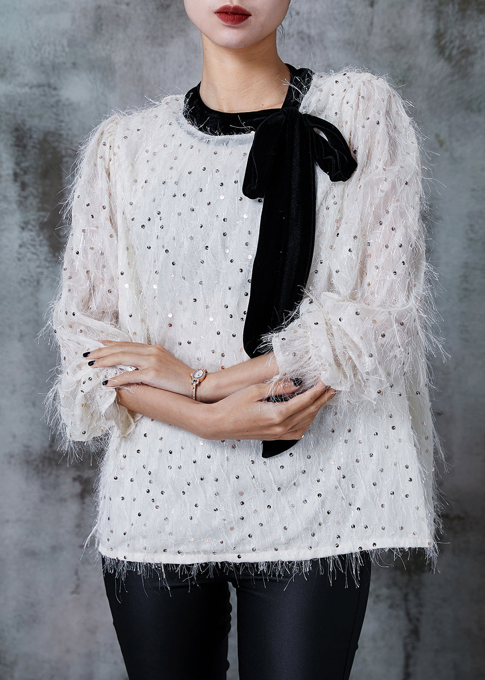 White Sequins Bow Blouse Tops Summer