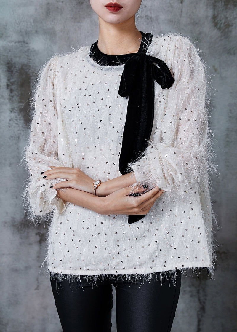 White Sequins Bow Blouse Tops Summer