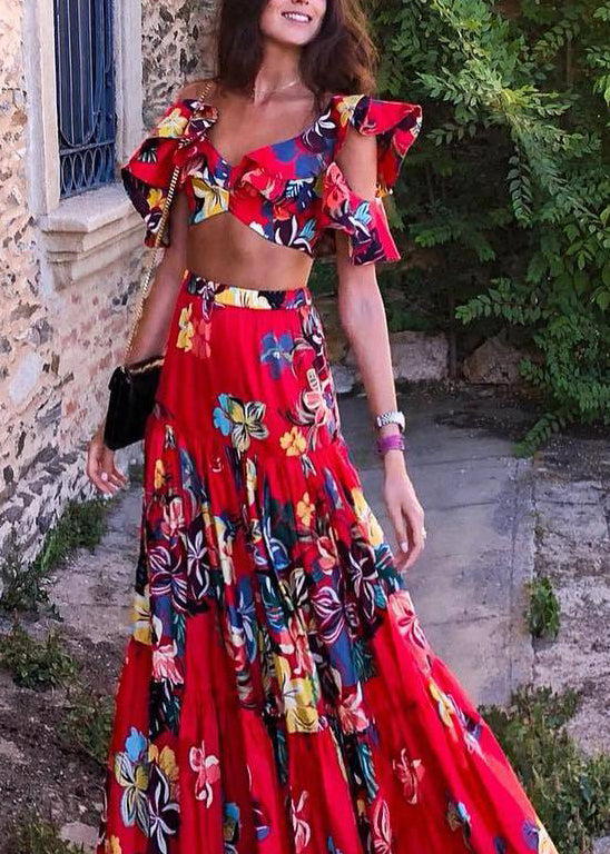 Red V Neck Print Cotton Long Dresses Summer