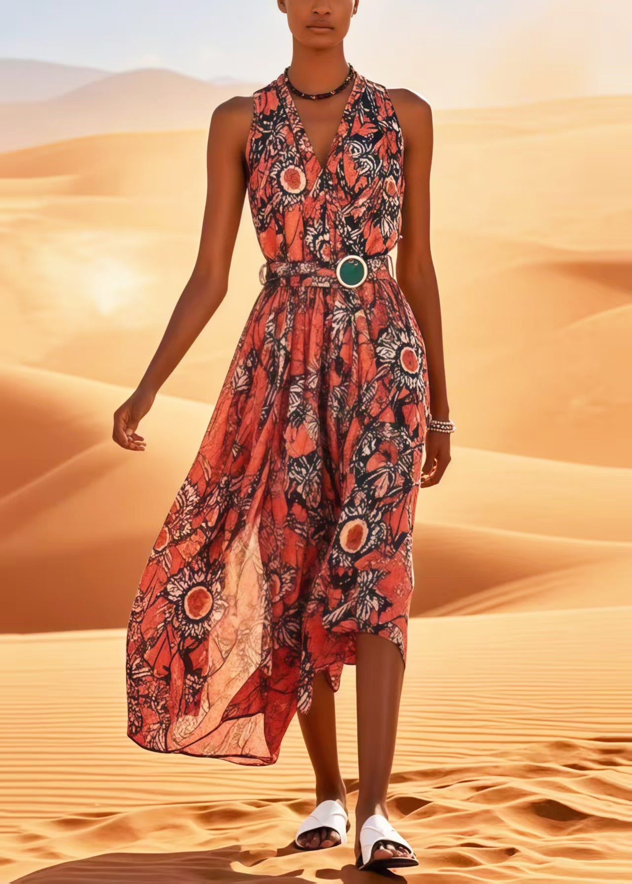 Red Print Cotton Tunic Dress Sleeveless