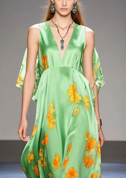 Green Cold Shoulder Print Silk Long Dresses Summer