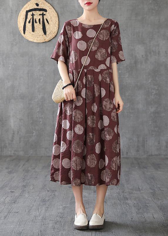 Chocolate Dotted Linen Cotton Clothes O Neck Cinched Robe Dress