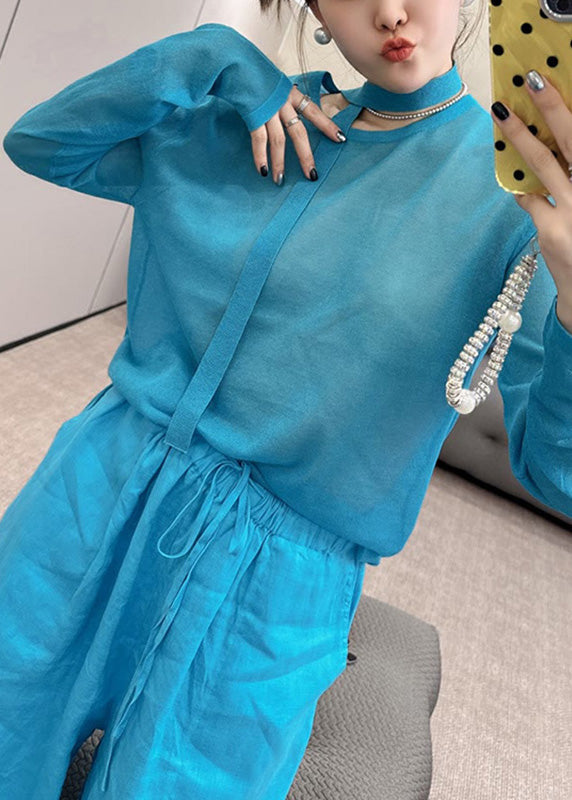 Stylish Blue O-neck Knit Toop and Wide Leg Pants Two Piece Set Fall