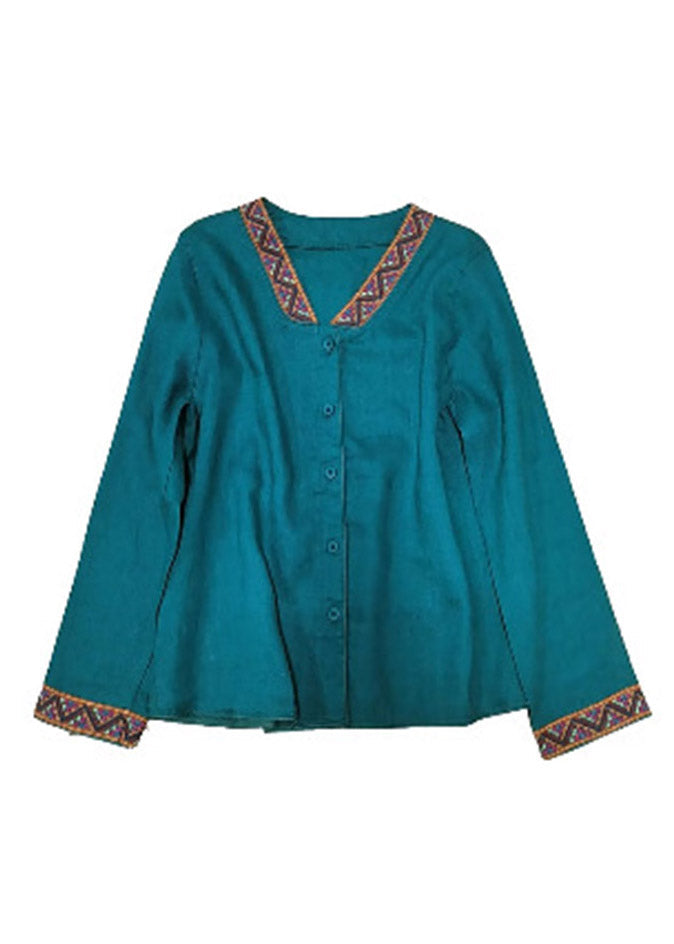 Blue V Neck Embroidered Button Linen Shirt Long Sleeve