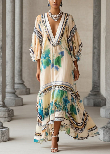 Apricot V Neck Print Chiffon Holiday Dress Summer