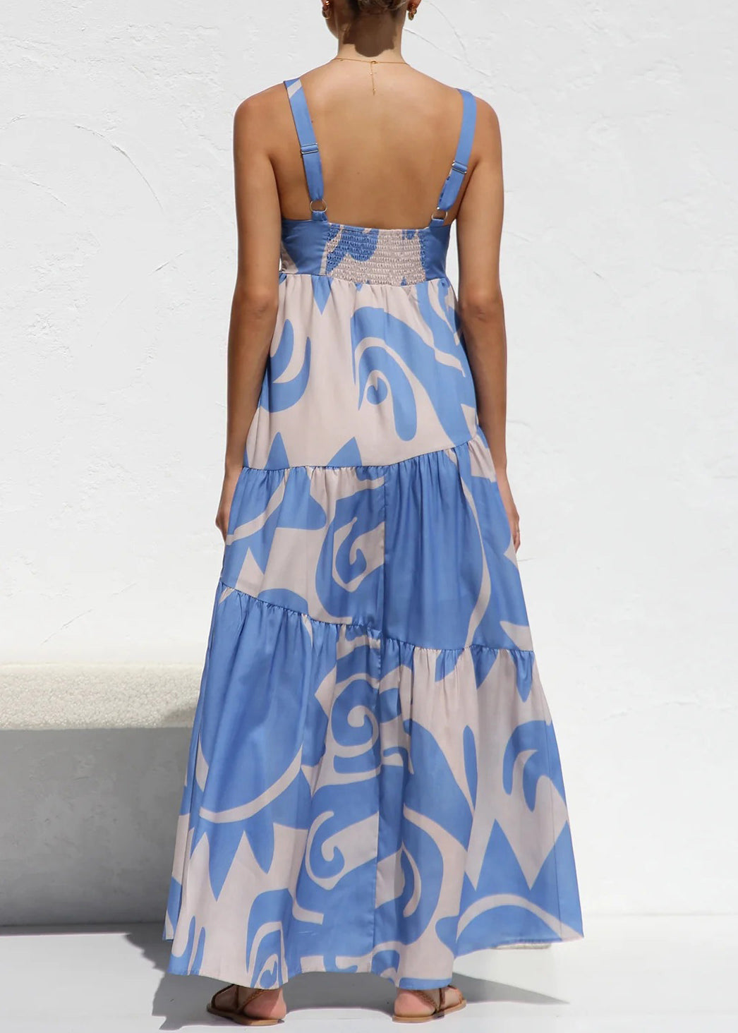 Style Blue Print Patchwork Cotton Spaghetti Strap Dress Summer