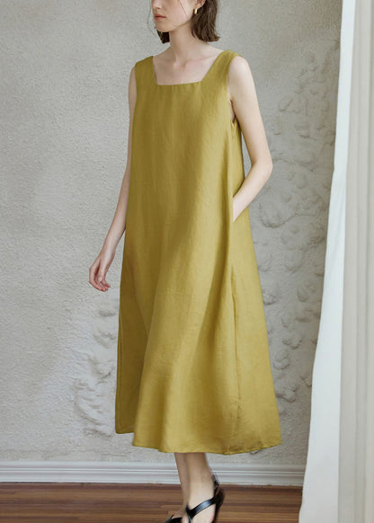 Yellow Green Square Collar Backless Linen Dress Sleeveless